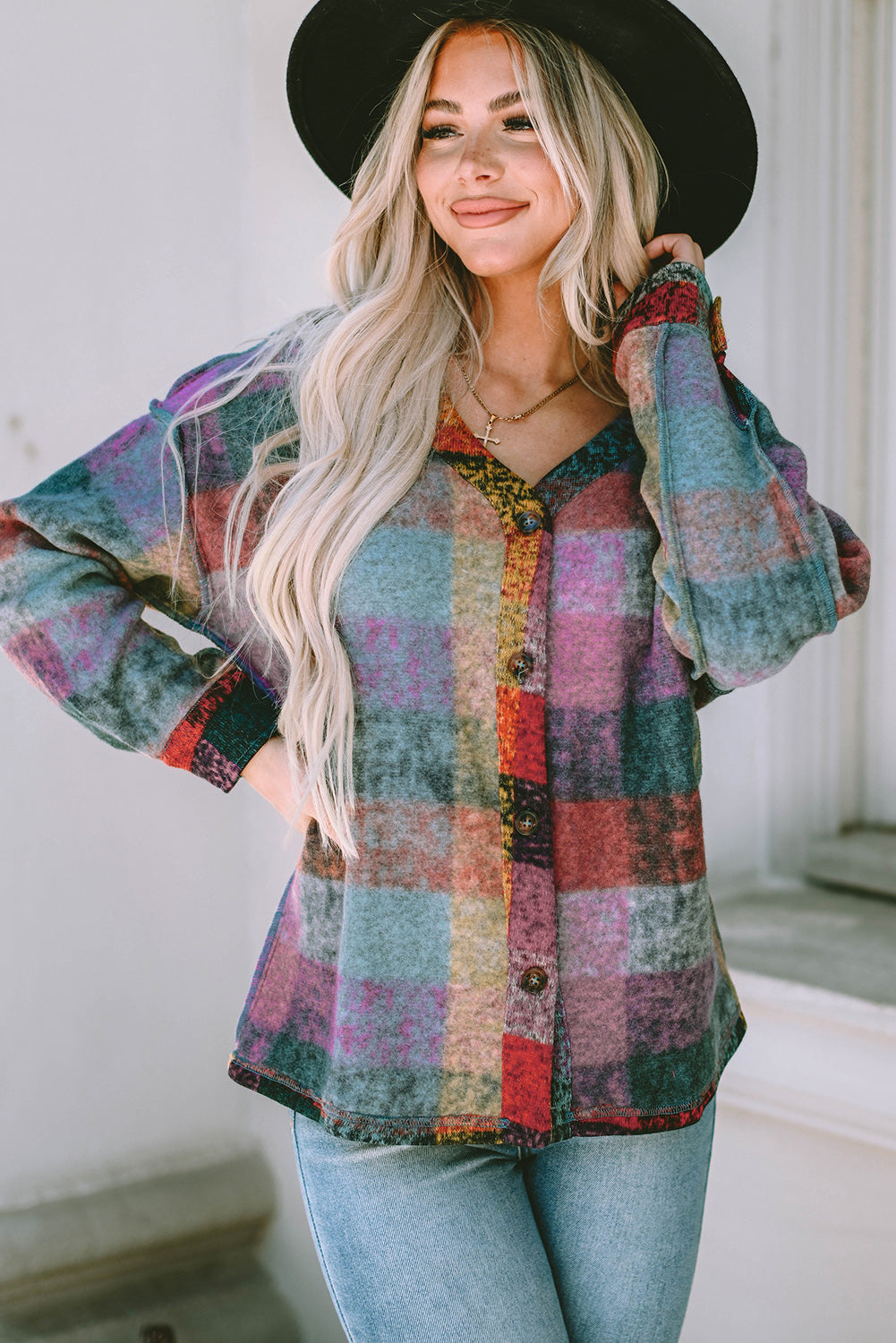 Multicolor Brushed Plaid Plus Size Shacket