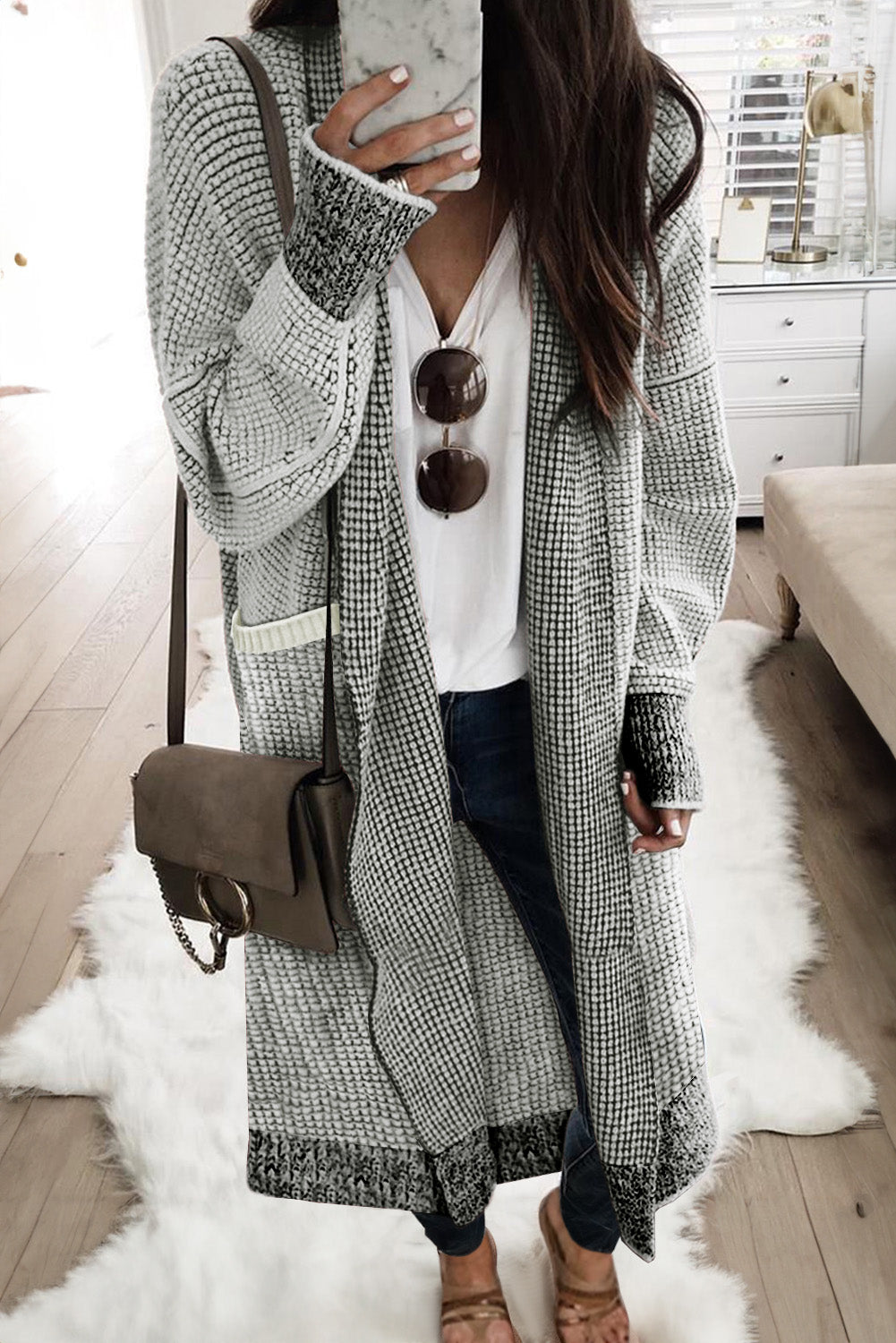 Gray Plaid Knitted Long Open Front Cardigan