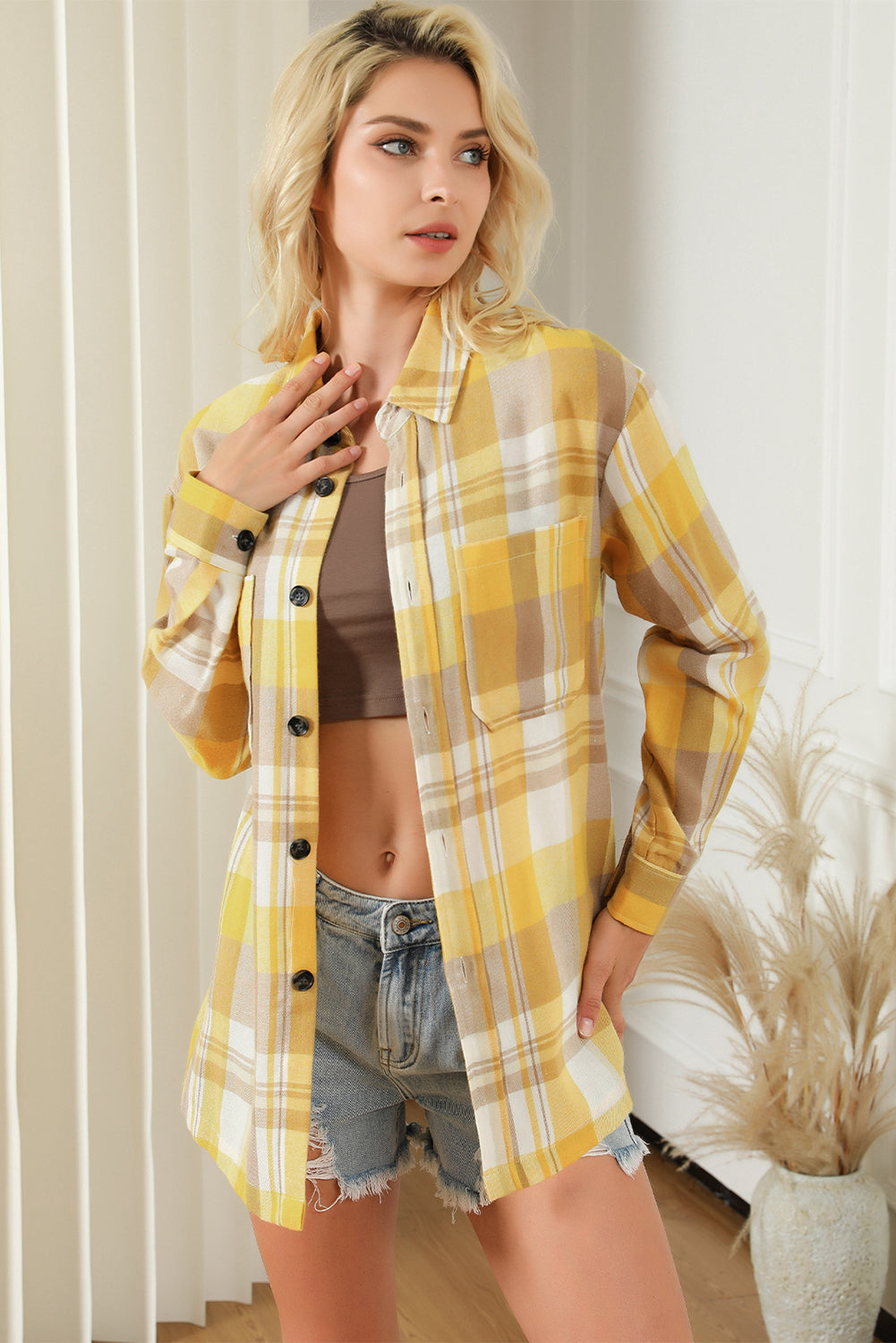 Green Printed Plus Size Chest Pocket Plaid Shirt