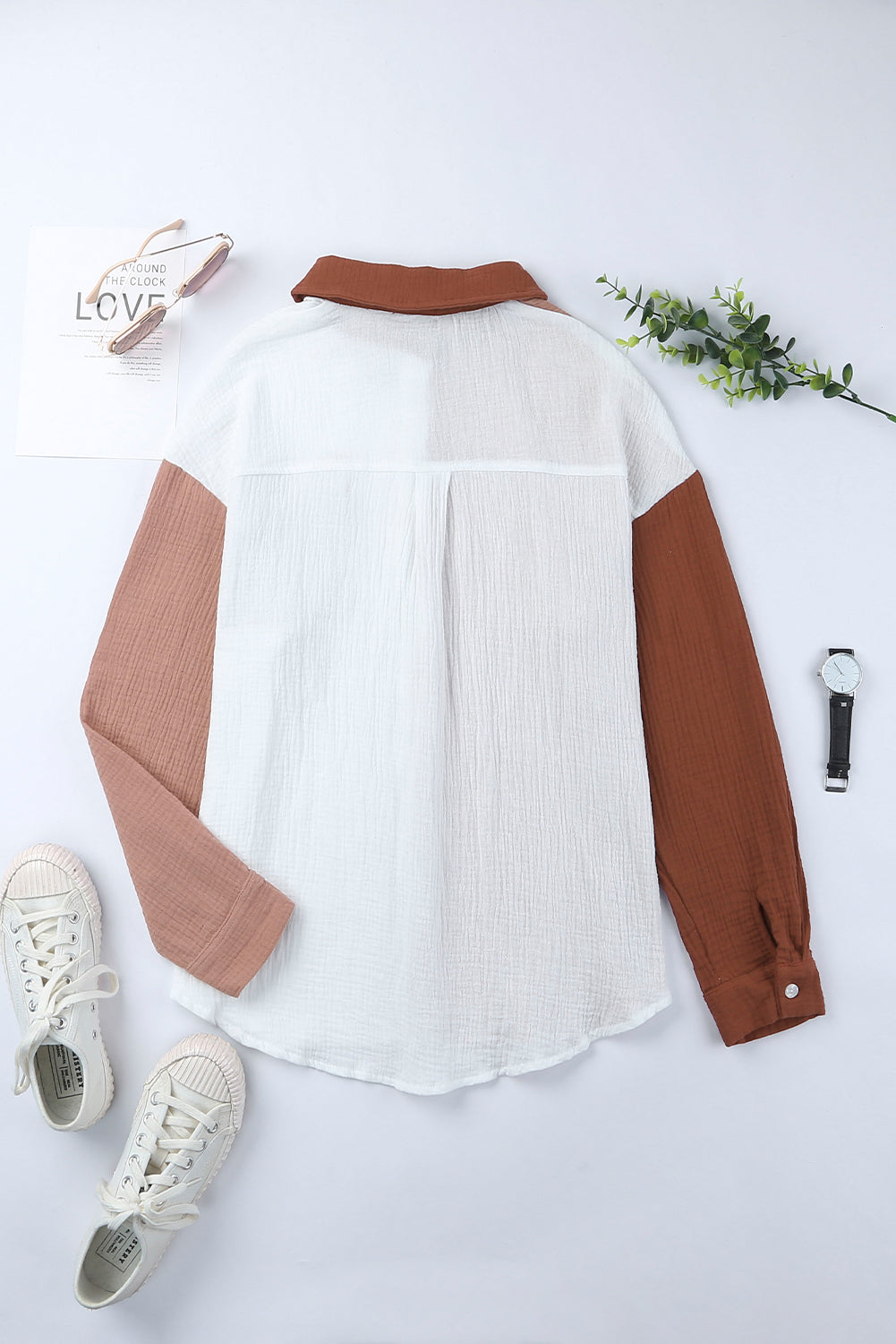 Brown Color Block Textured Long Sleeve Shirt with Pocket