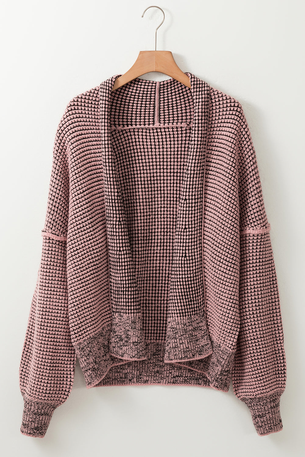 Pink Plaid Knitted Long Open Front Cardigan