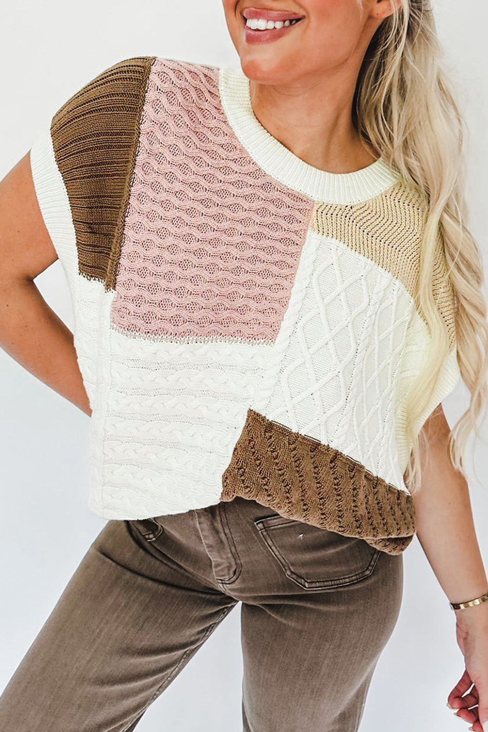 Multicolor Colorblock Mix Textured Sweater Tee