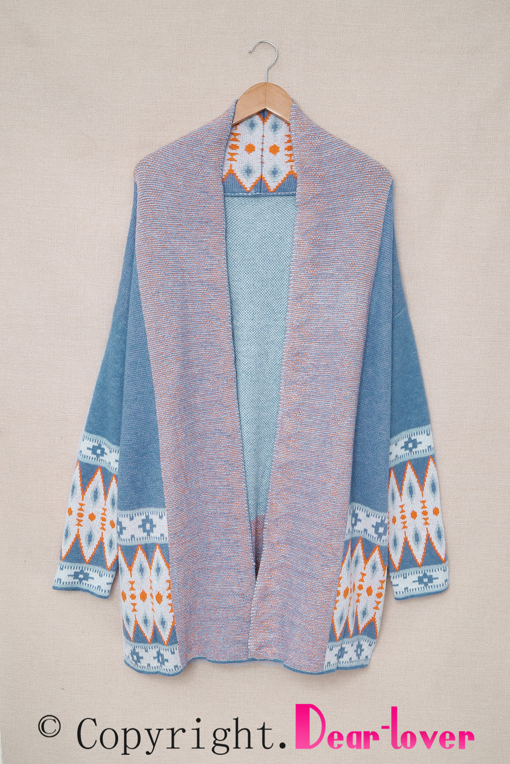 Orange Printed Aztec Print Open Front Knitted Cardigan