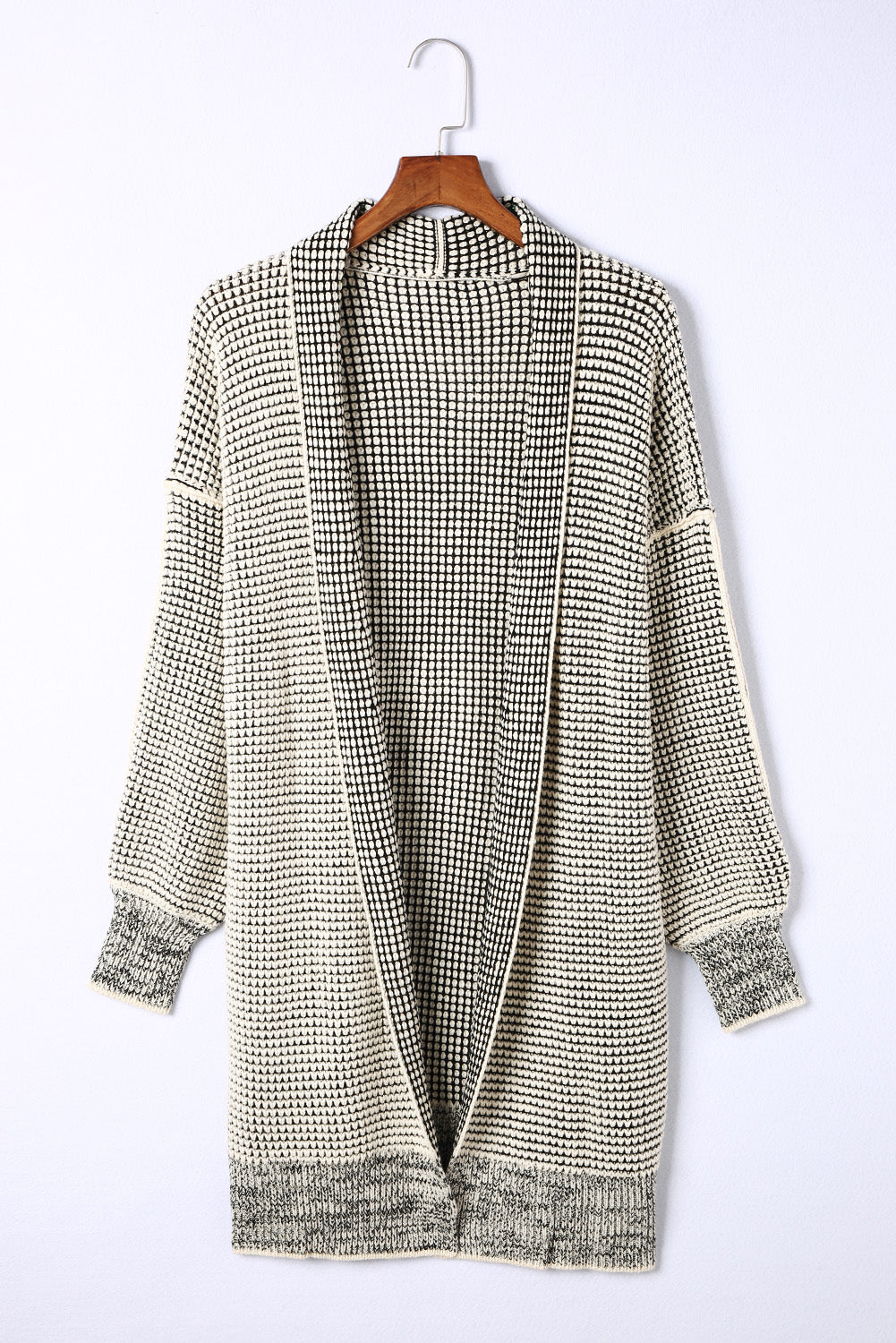 Gray Plaid Knitted Long Open Front Cardigan