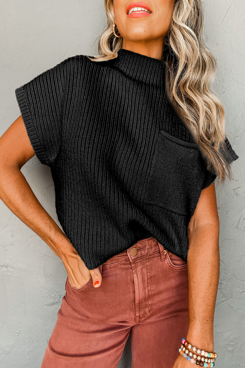 Apricot Ribbed V Neck Patched Chest Pocket Knit T-shirt