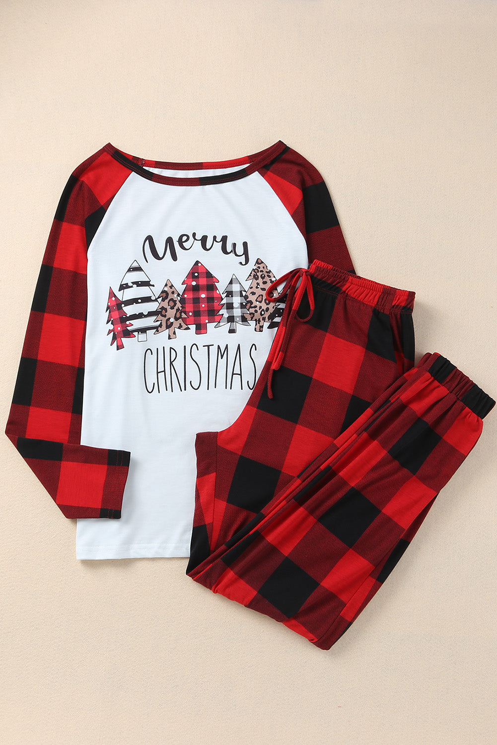 Red Plaid Merry Christmas Graphic Loungewear Set