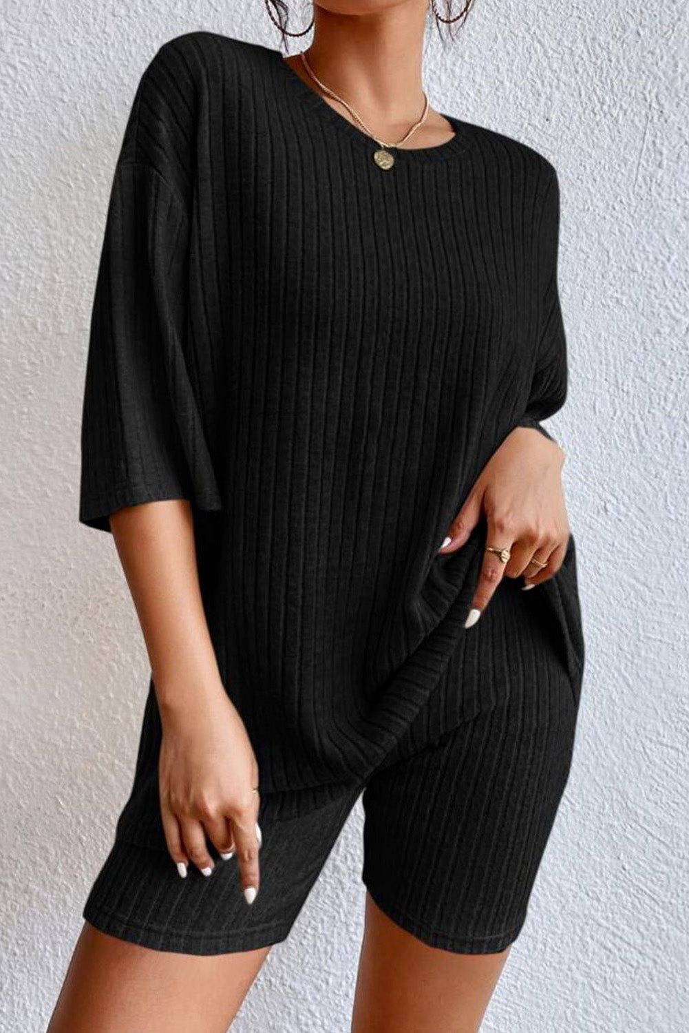 Parchment Plus Size Ribbed V Neck Pullover and Pants Set