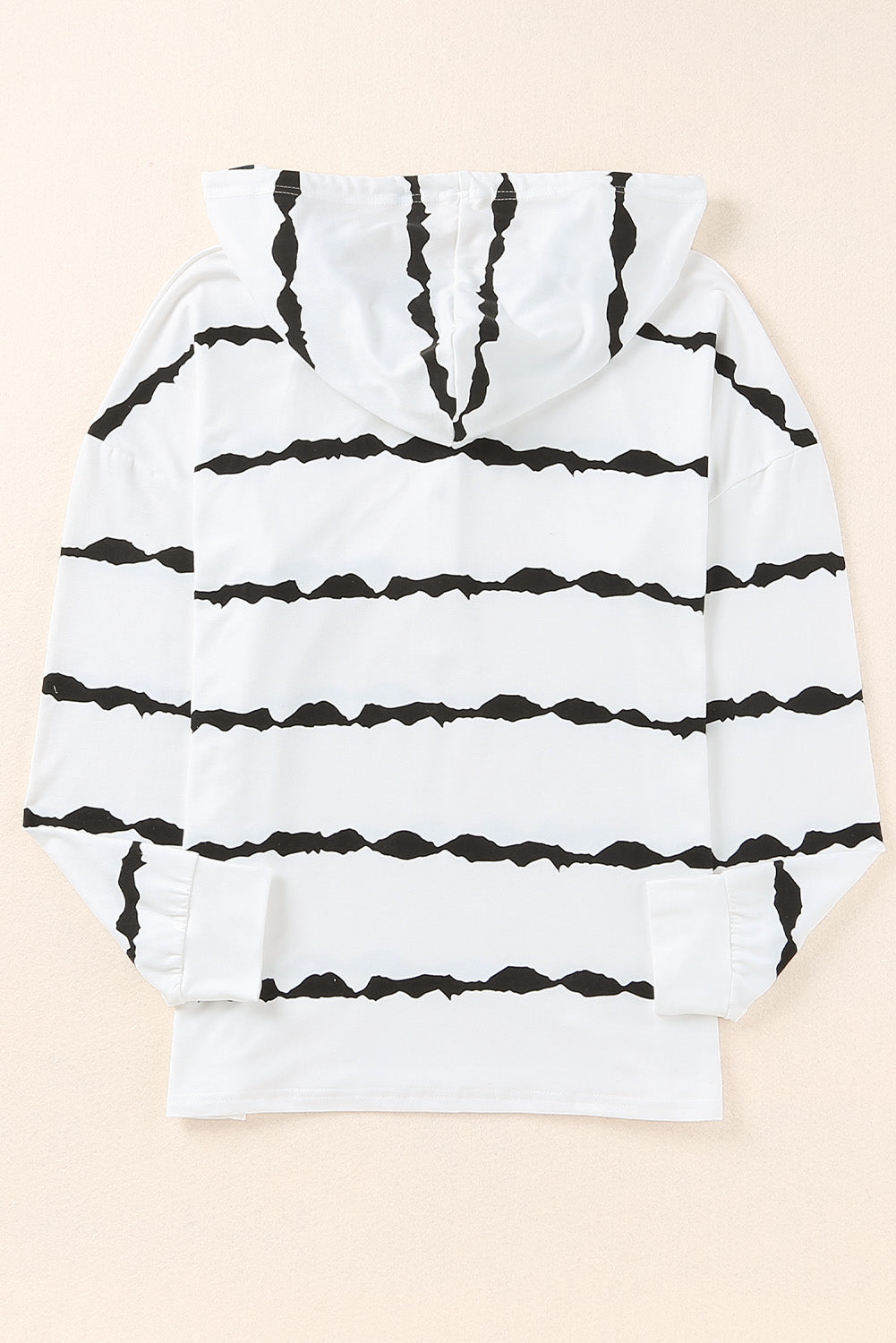 Black Striped Drawstring Button Long Sleeve Hoodie