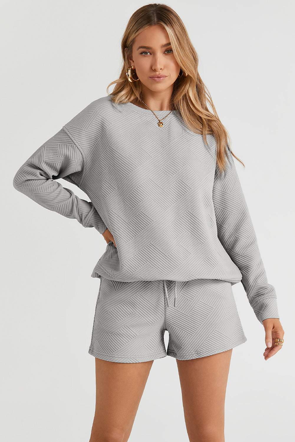 Multicolour Contrast Sleeve Color Block Pullover Shorts Textured Outfit