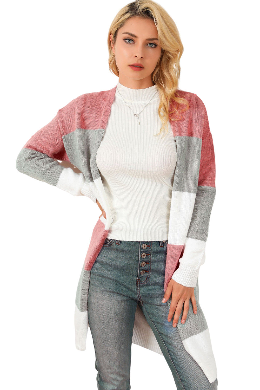 Gray Colorblock Stripe Open-Front Cardigan