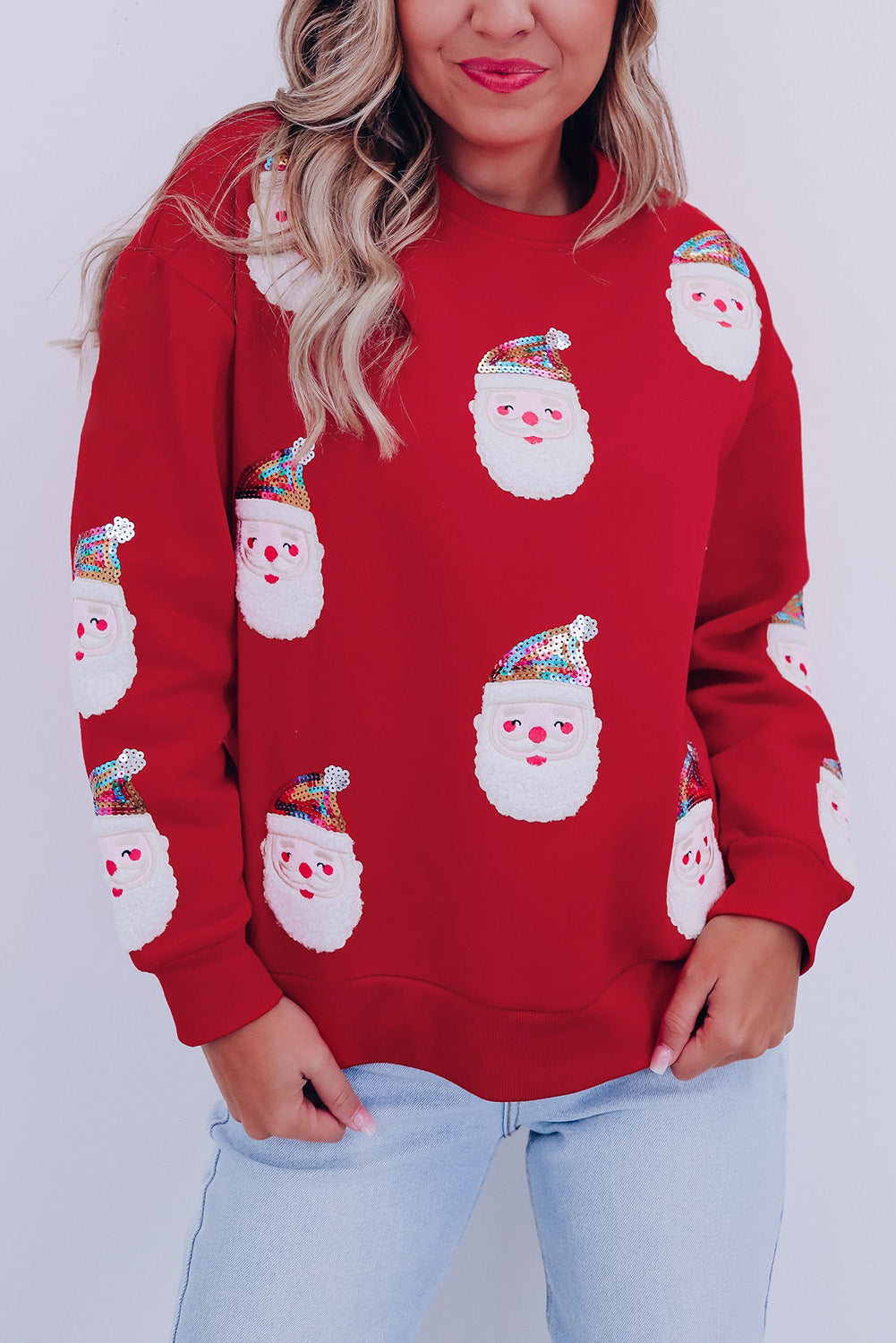 Red Christmas Santa Claus Print Drop Shoulder Sweatshirt