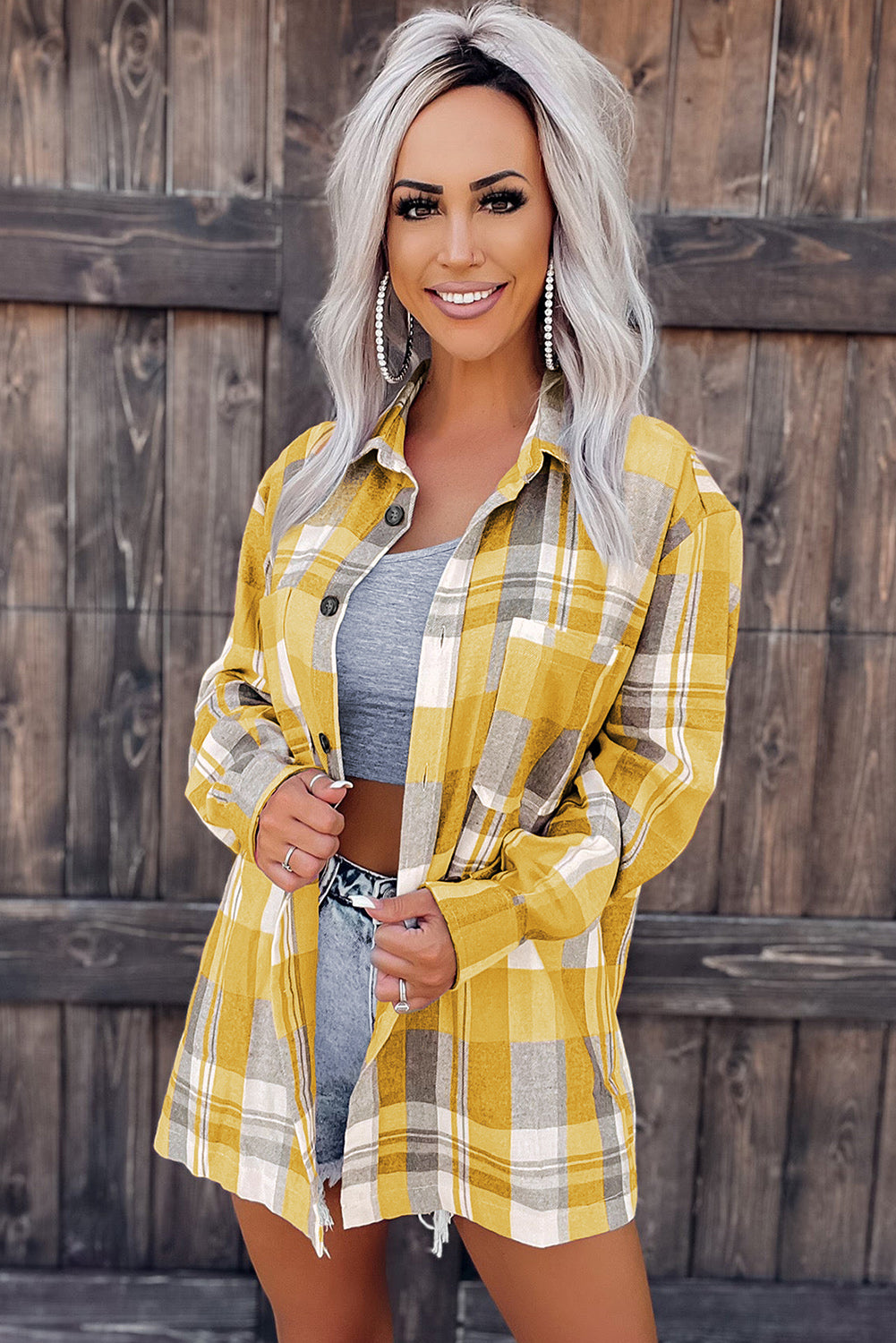 Green Printed Plus Size Chest Pocket Plaid Shirt