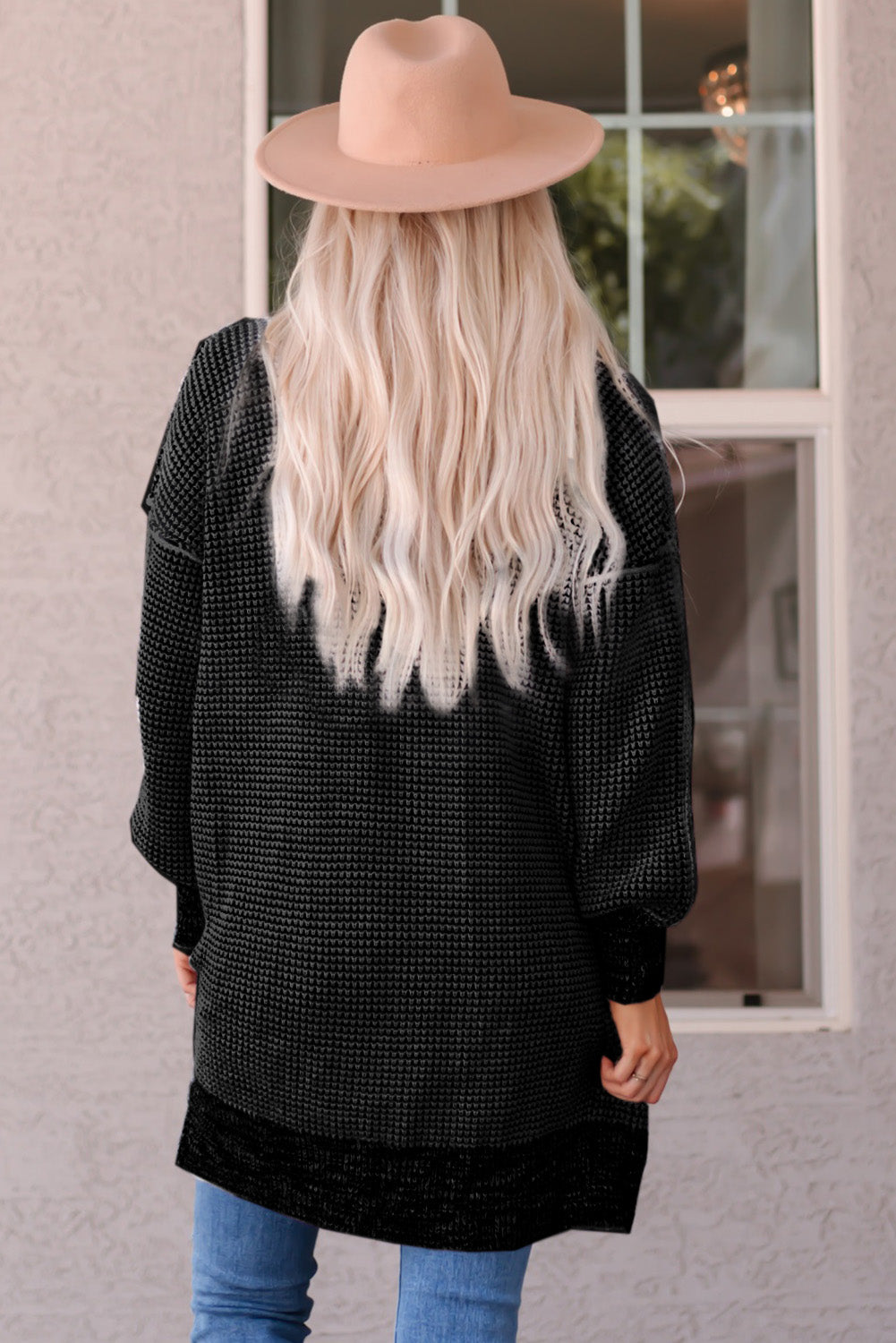 Gray Plaid Knitted Long Open Front Cardigan