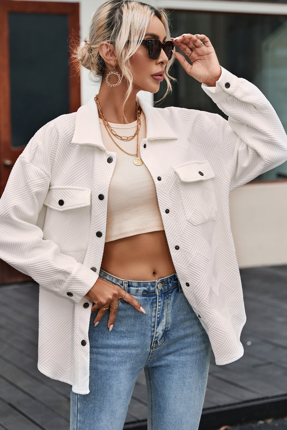 Beige Plus Size Textured Flap Pockets Jacket