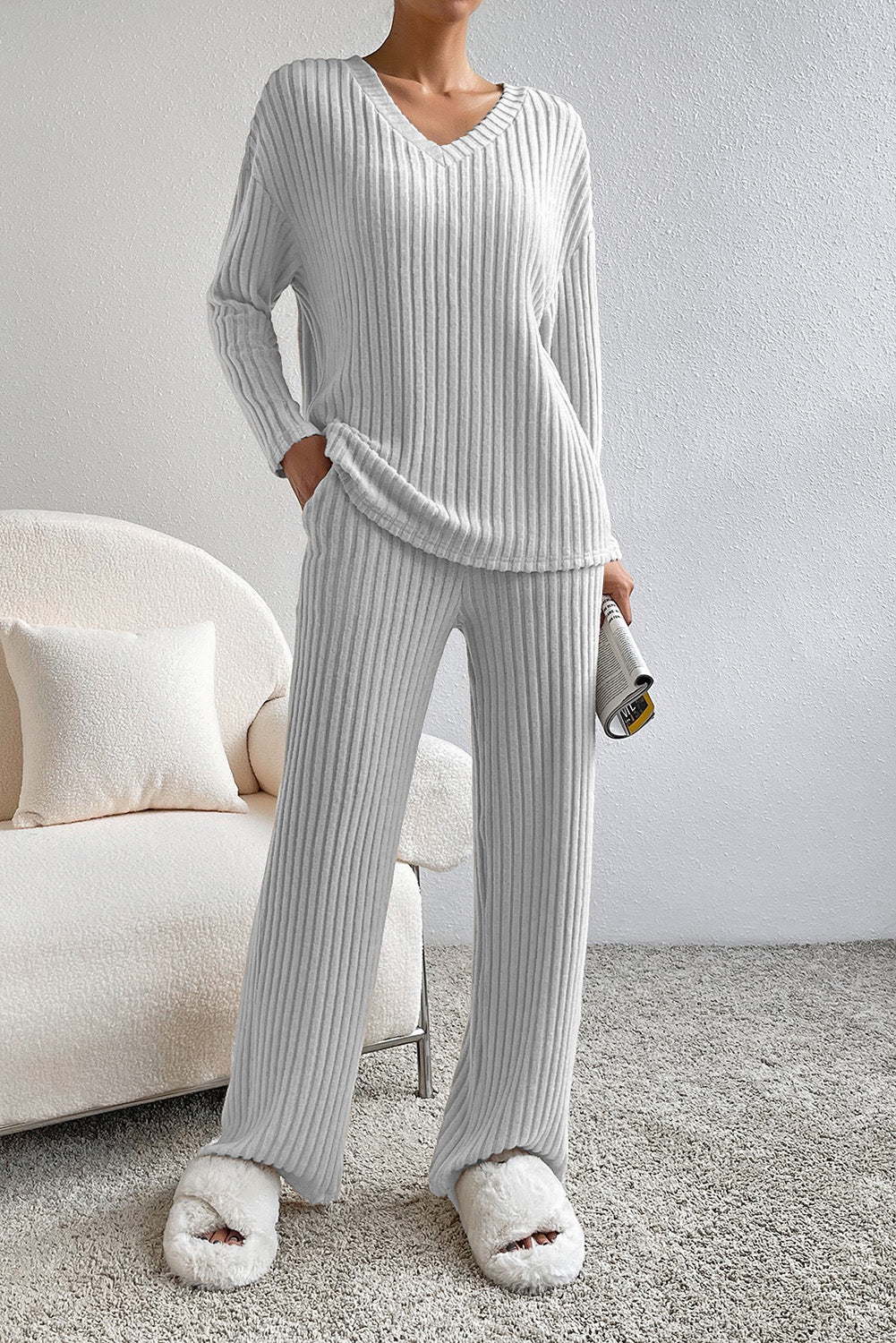 Parchment Plus Size Ribbed V Neck Pullover and Pants Set