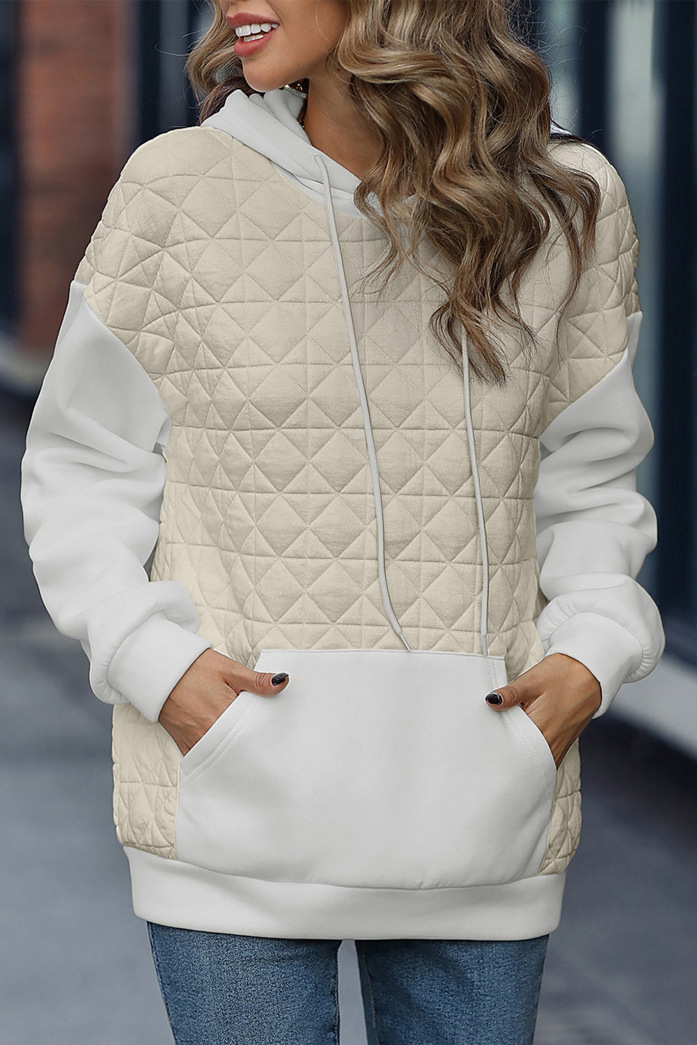 Beige Quilted V Neck Hoodie Drawstring Shorts Set