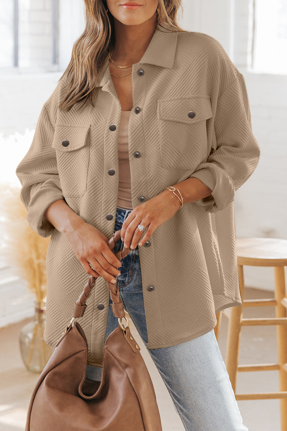 Beige Plus Size Textured Flap Pockets Jacket