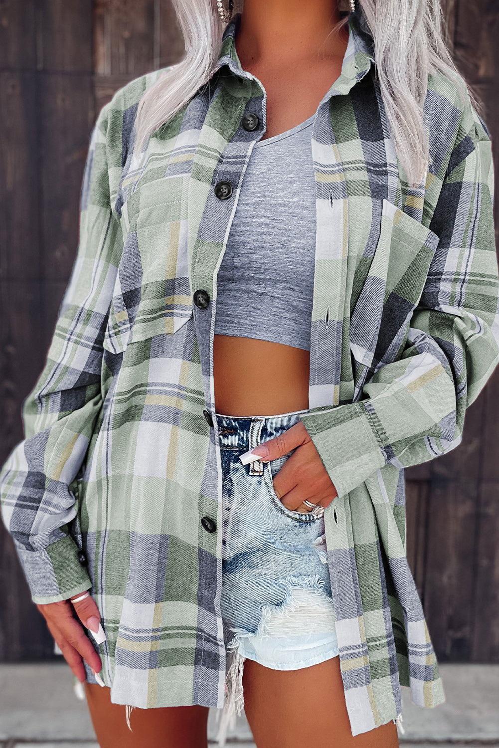 Green Printed Plus Size Chest Pocket Plaid Shirt