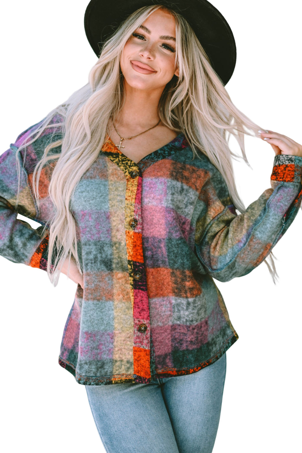 Multicolor Brushed Plaid Plus Size Shacket