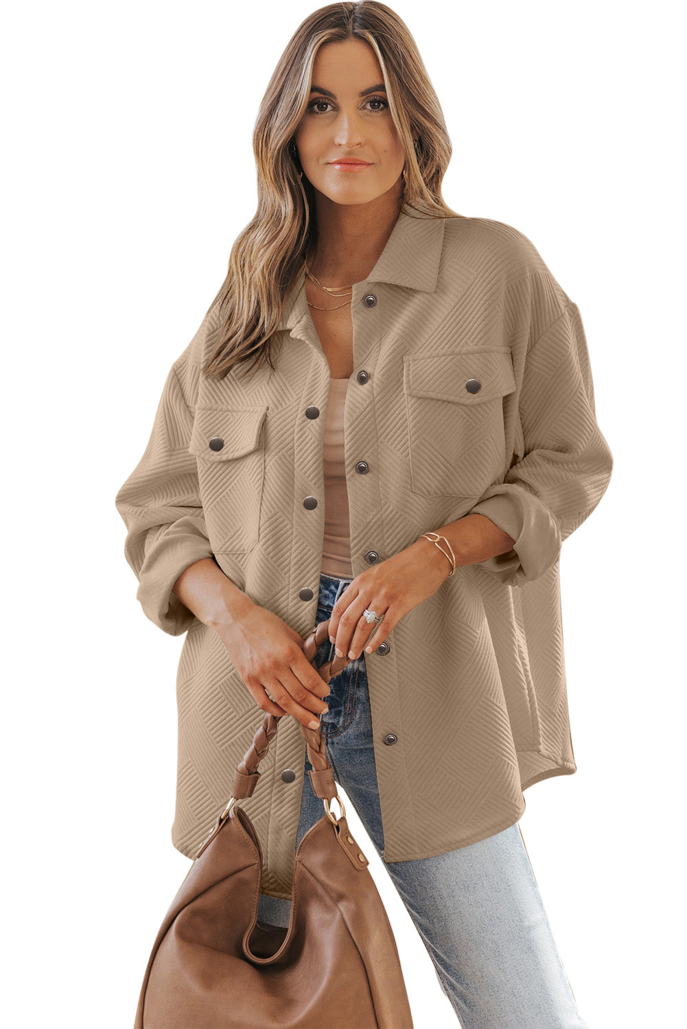 Beige Plus Size Textured Flap Pockets Jacket