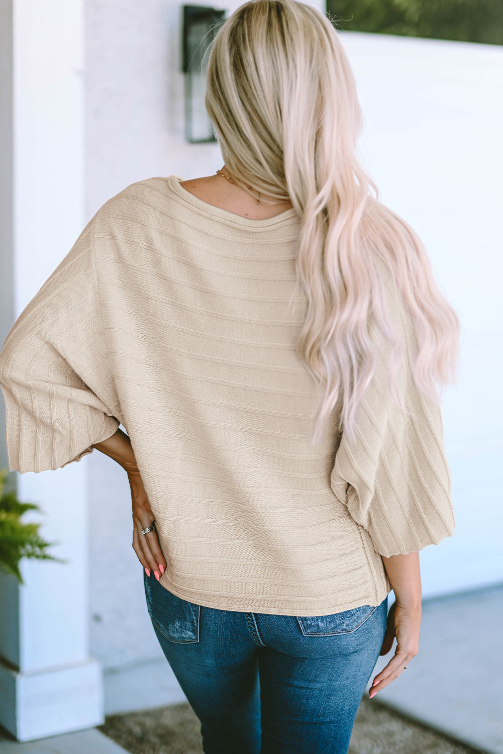 Gray Exposed Seam Ribbed Knit Dolman Top