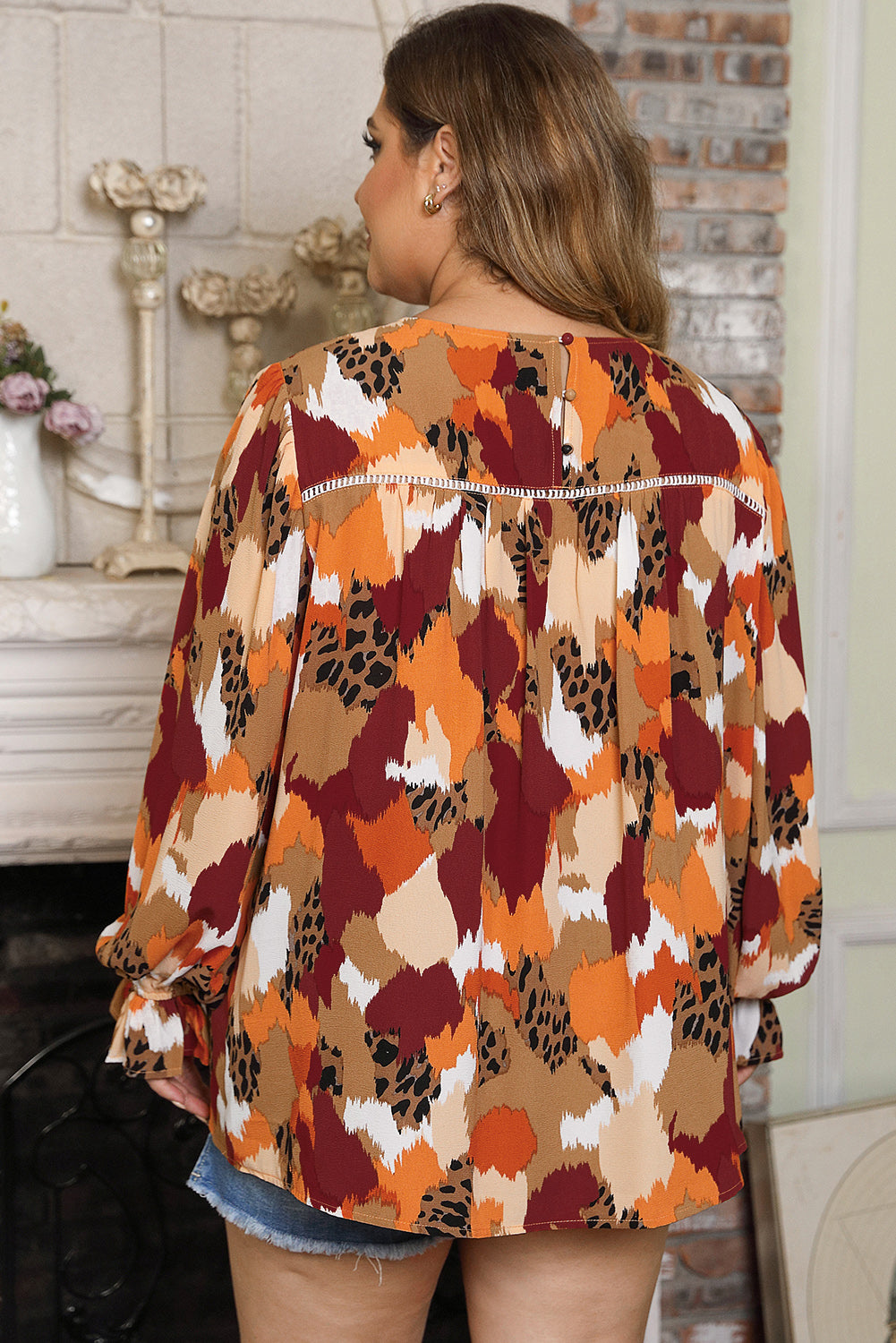 Multicolour Plus Size Abstract Print Puff Sleeve Blouse