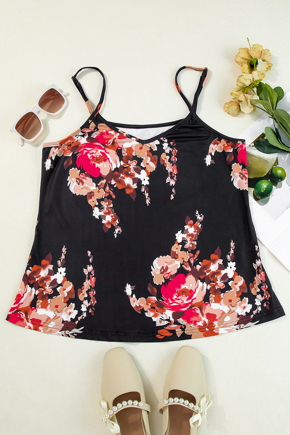 Black Floral Print Adjustable Spaghetti Strap V Neck Tank Top