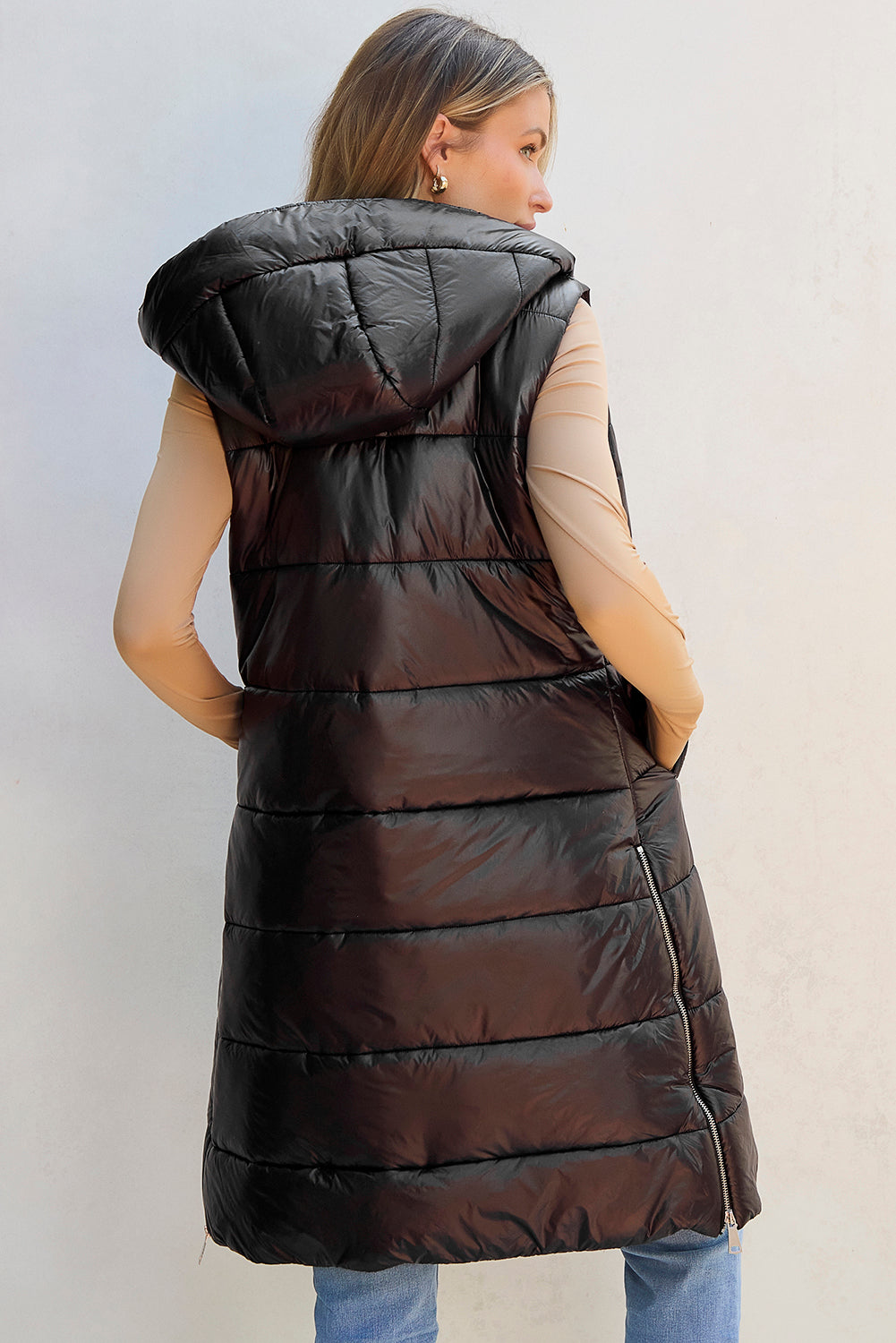 Dark Grey Hooded Long Quilted Vest Coat