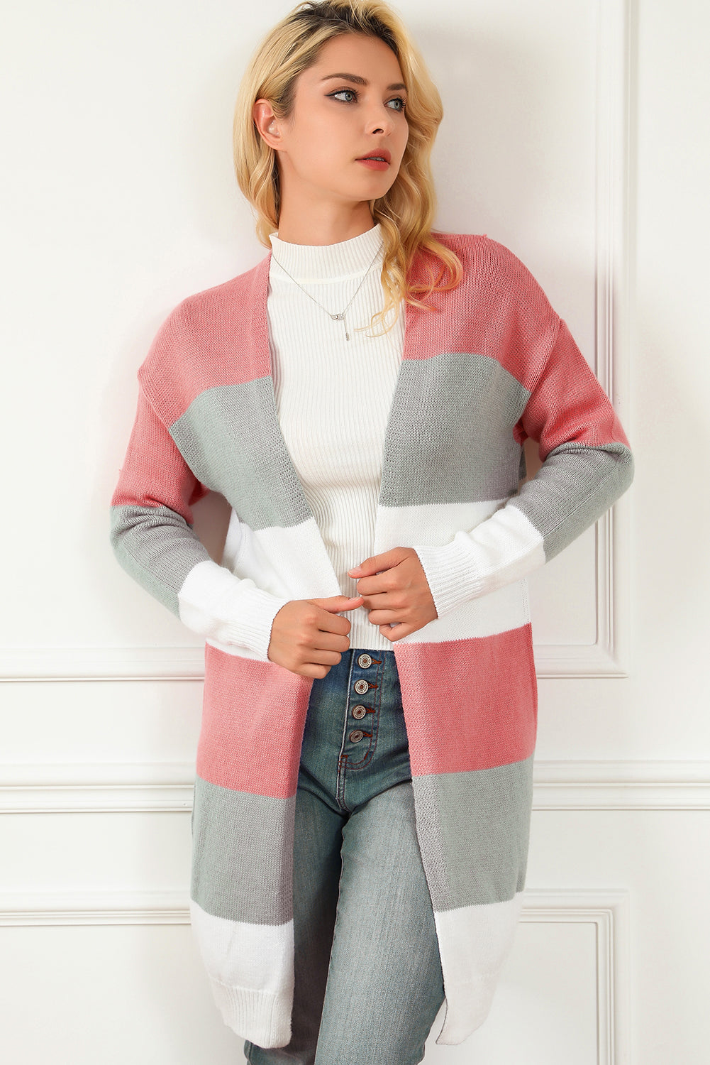 Gray Colorblock Stripe Open-Front Cardigan