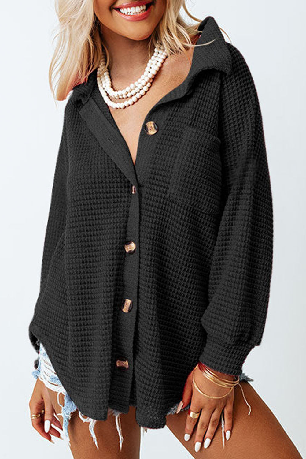 Black Waffle Knit Button Up Casual Shirt