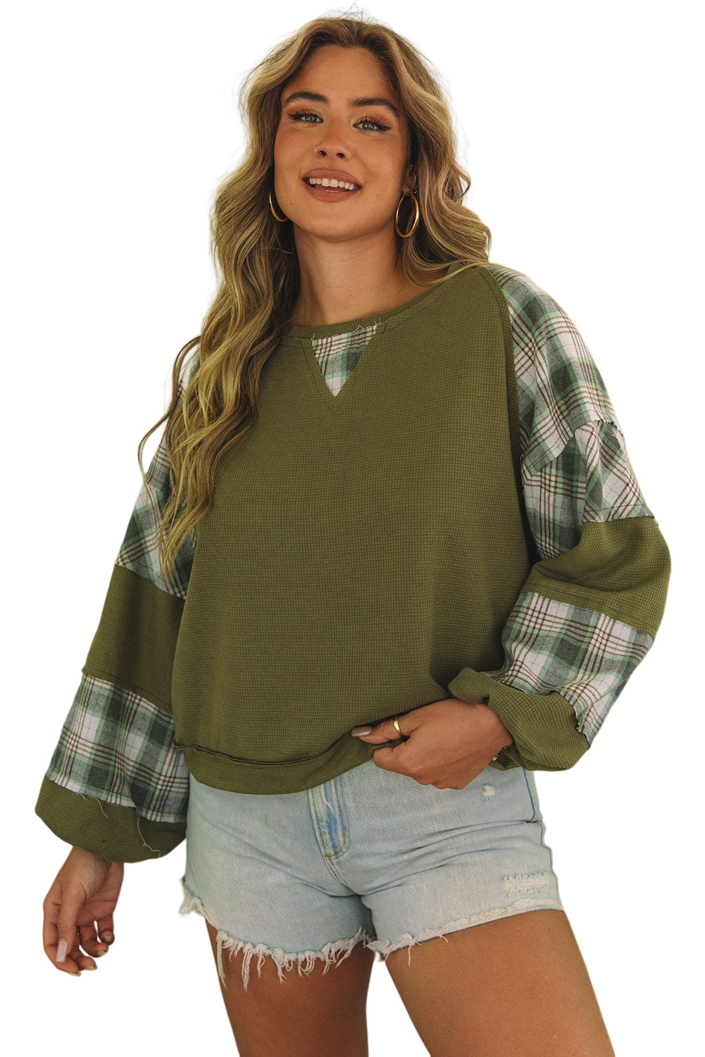 Green Plaid Patch Waffle Knit Exposed Seam Bubble Sleeve Top