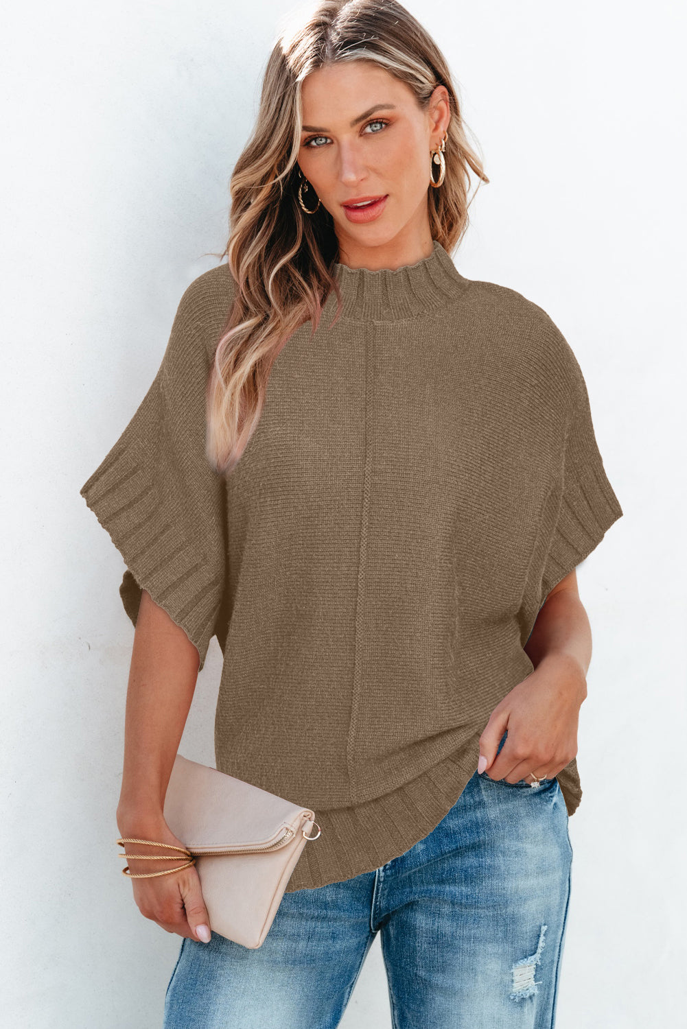 Medium Grey Mock Neck Batwing Short Sleeve Knit Sweater