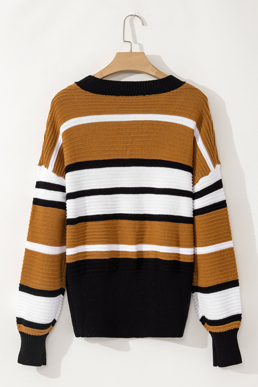 Brown Stripe Contrast Stripes V Neck Textured Knit Sweater