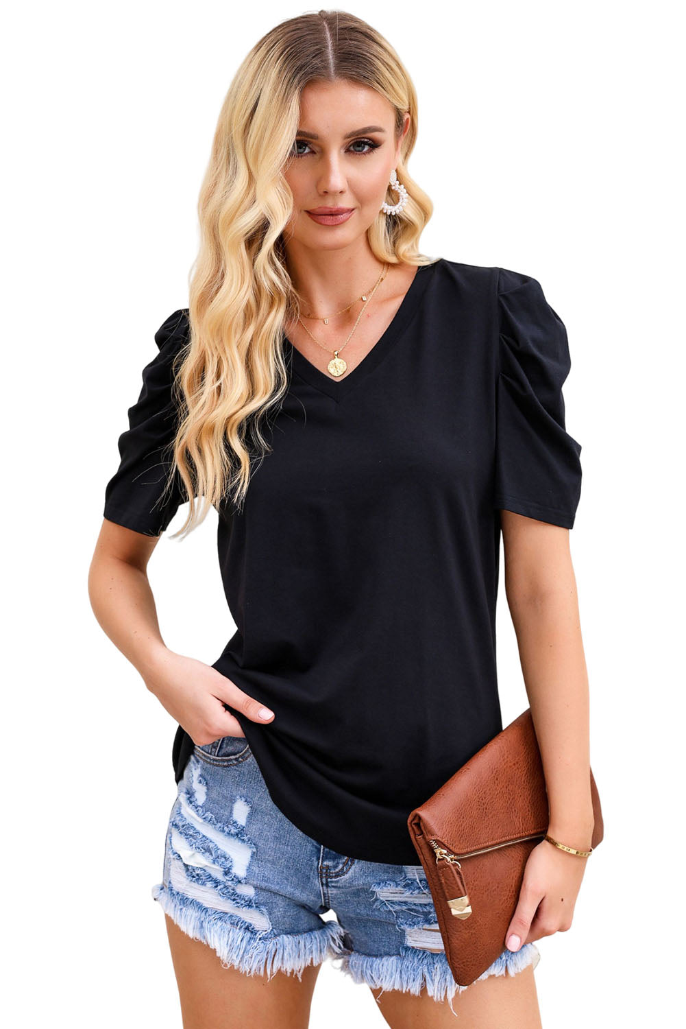 White Sequin Bow Patched Puff Sleeve T Shirt