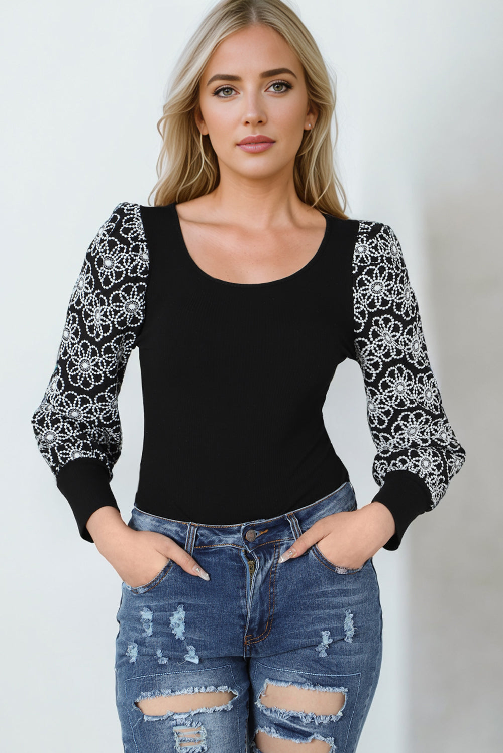 Black Plus Size Daisy Embroidered Puff Sleeve Ribbed Knit Top