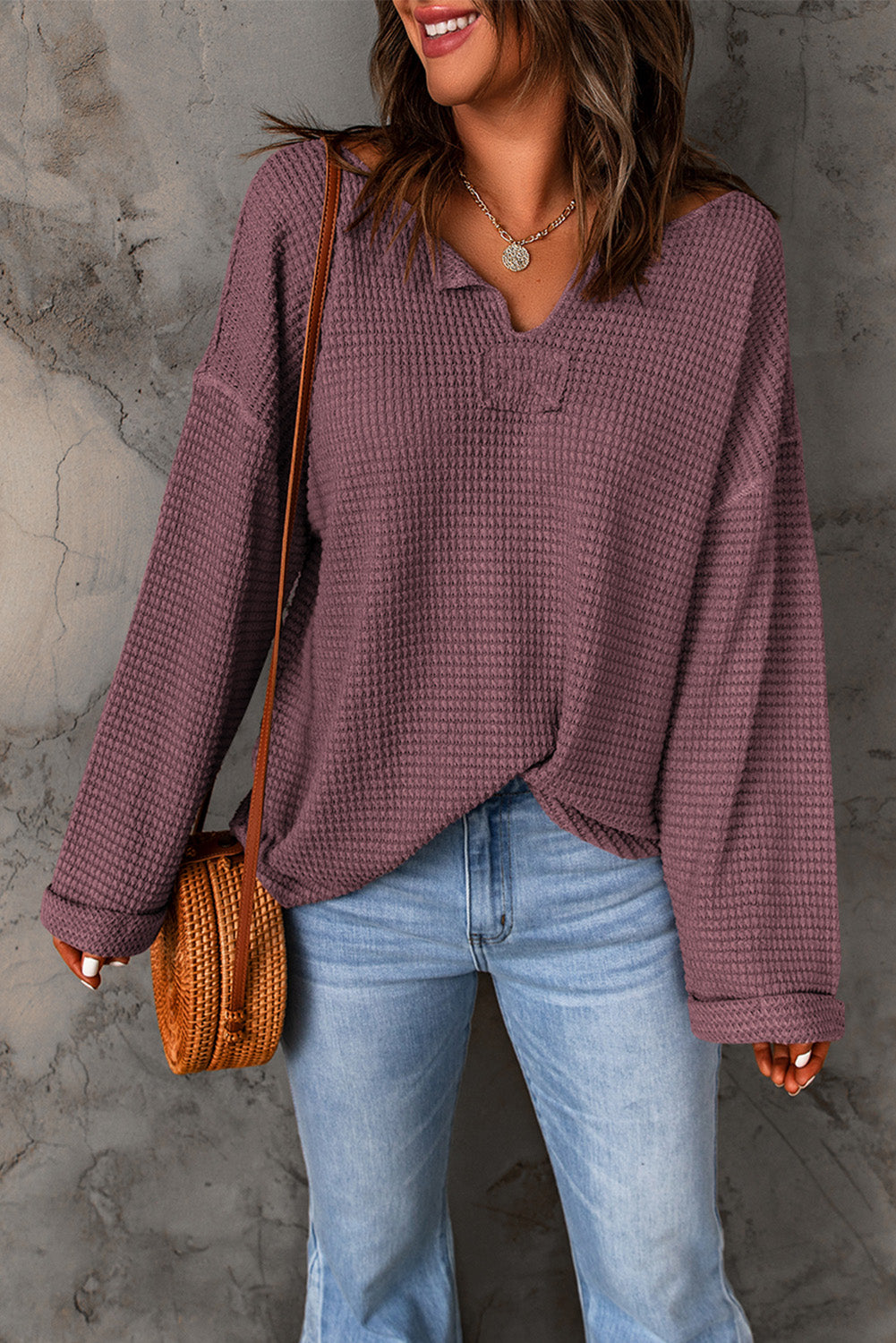 Dusk Blue Waffle Knit Loose Long Sleeve Top