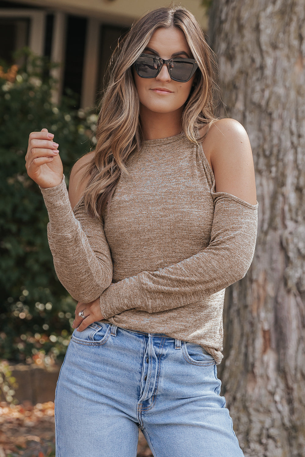 Black Marble Knit Cold Shoulder Long Sleeve Top