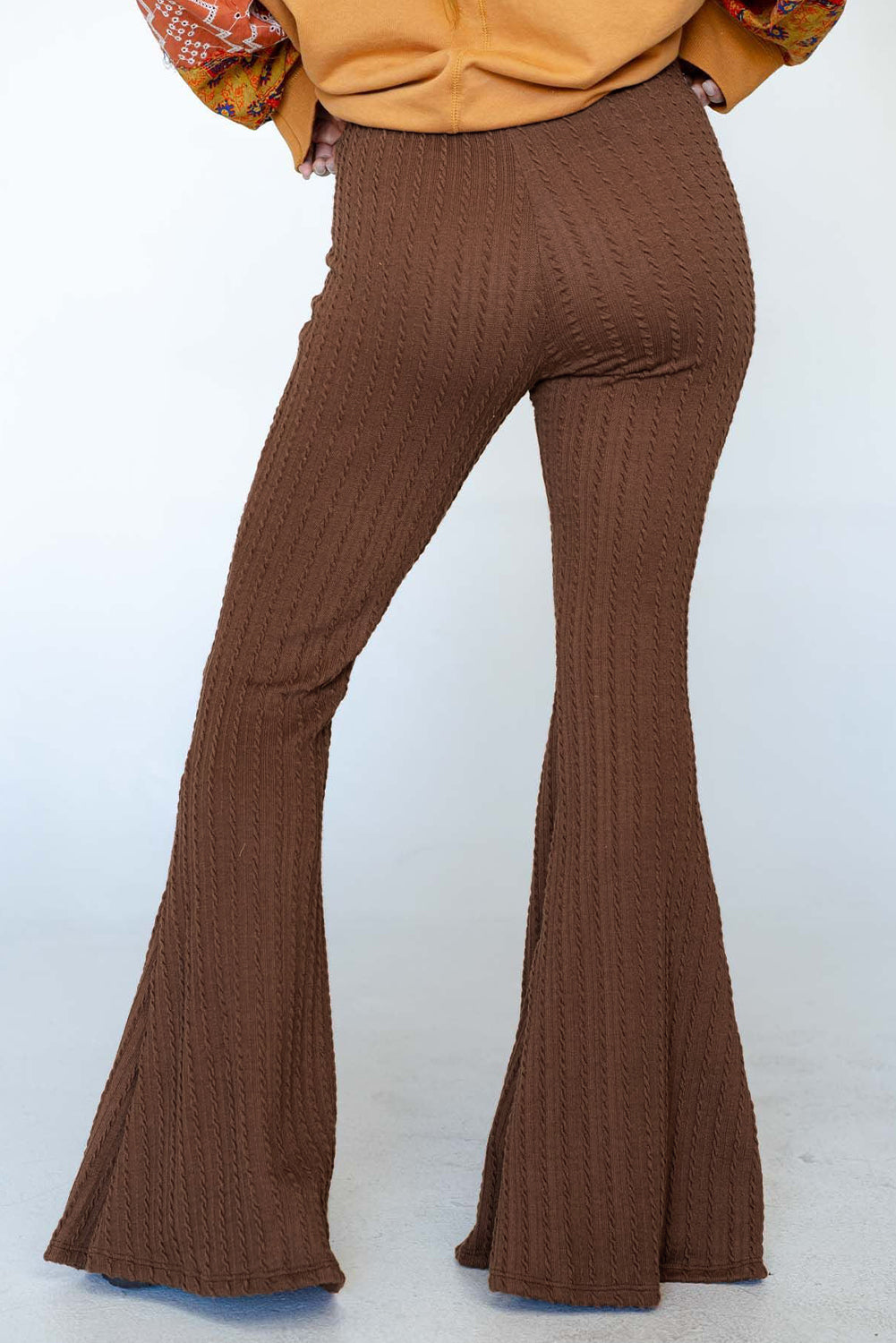 Coffee Textured Knit Mid Waist Flare Pants