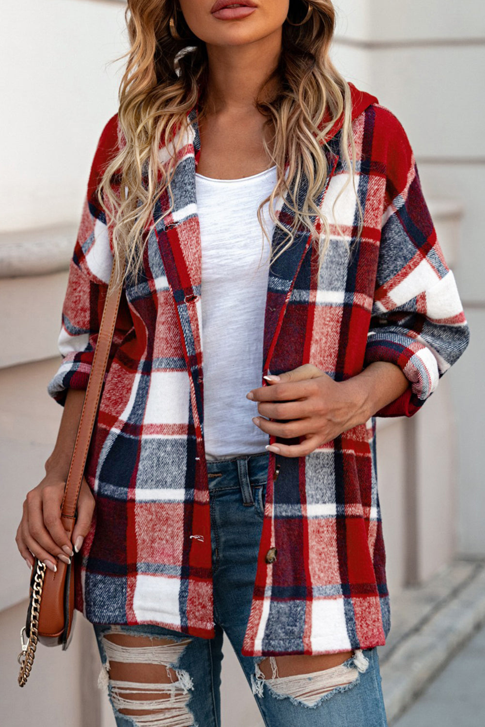 Red Printed Plus Size Plaid Button up Hooded Jacket