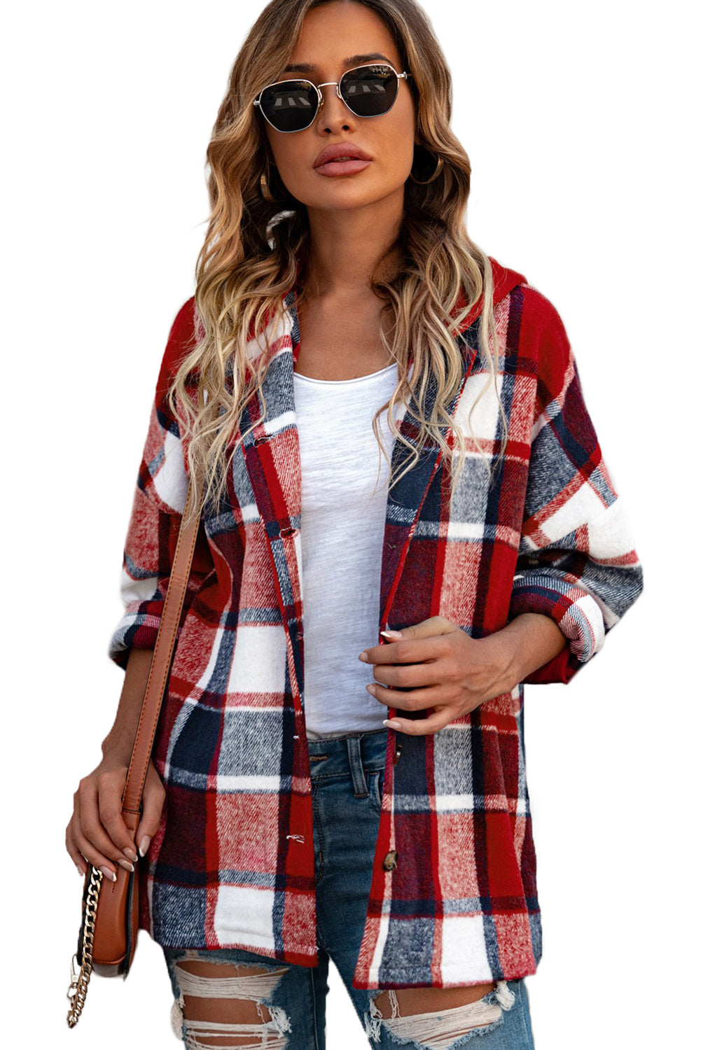 Red Printed Plus Size Plaid Button up Hooded Jacket