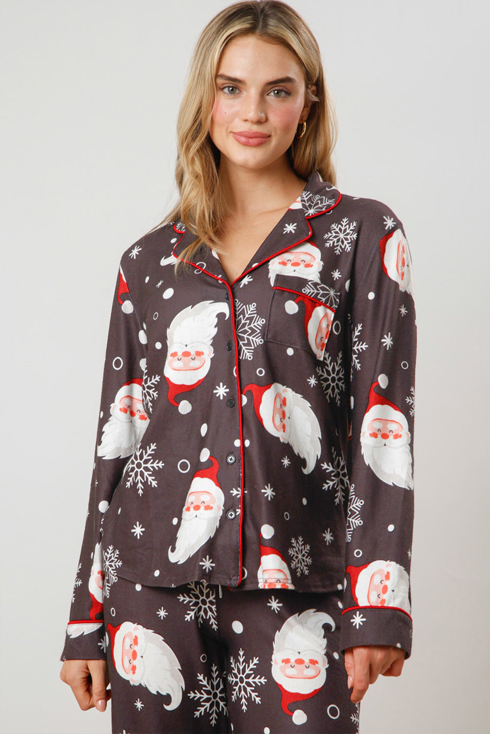 White Printed Christmas Santa Claus Print Shirt and Pants Pajama Set