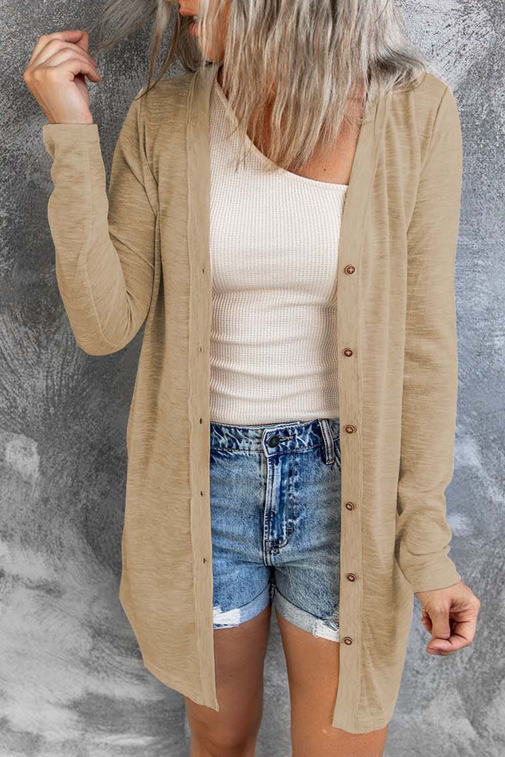 Brown Buttoned Thigh-high Length Plus Size Cardigan