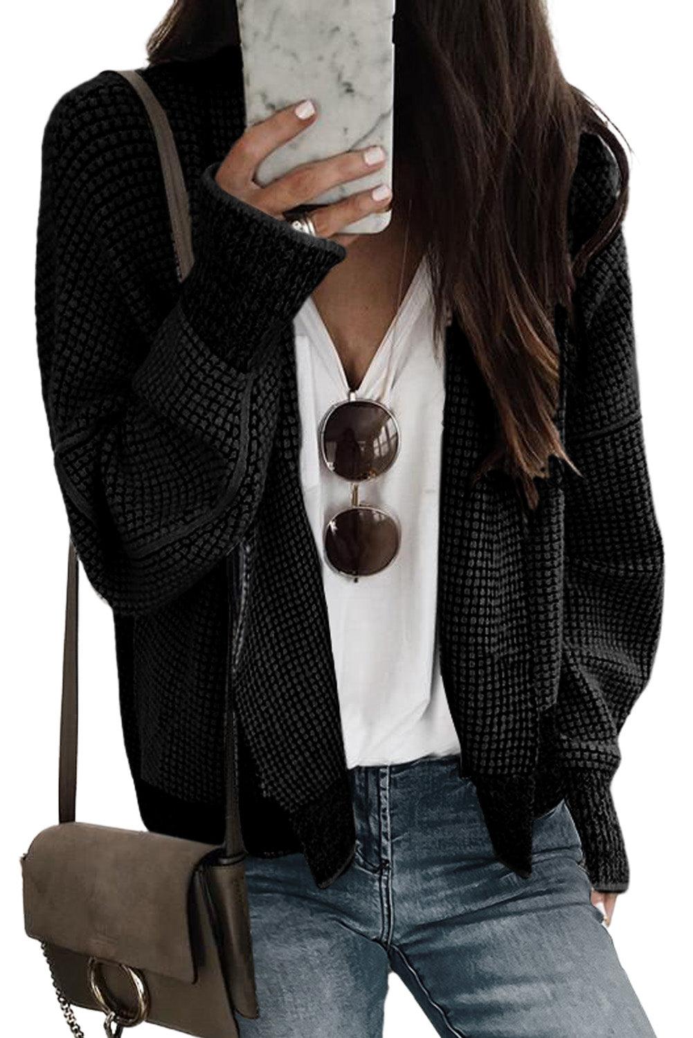 Gray Plaid Knitted Long Open Front Cardigan