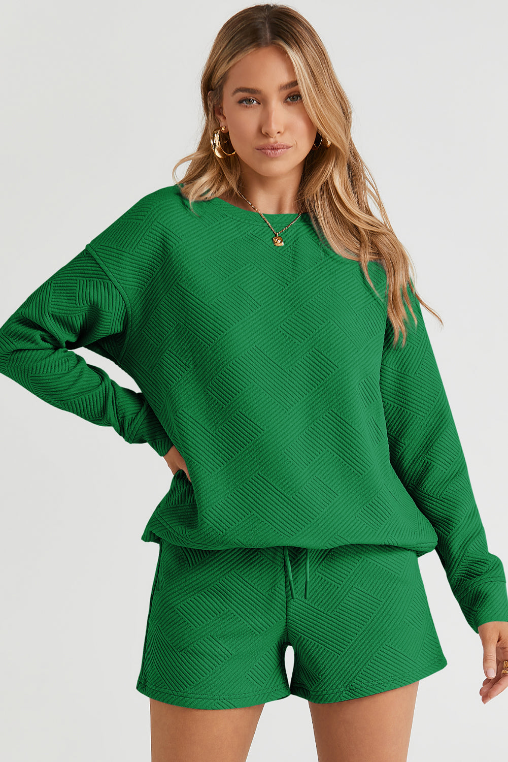 Multicolour Contrast Sleeve Color Block Pullover Shorts Textured Outfit