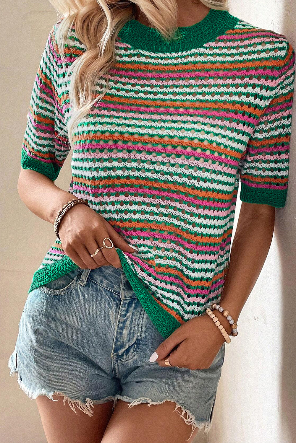 Dark Green Striped Pattern Contrast Trim Pointelle Knit T Shirt