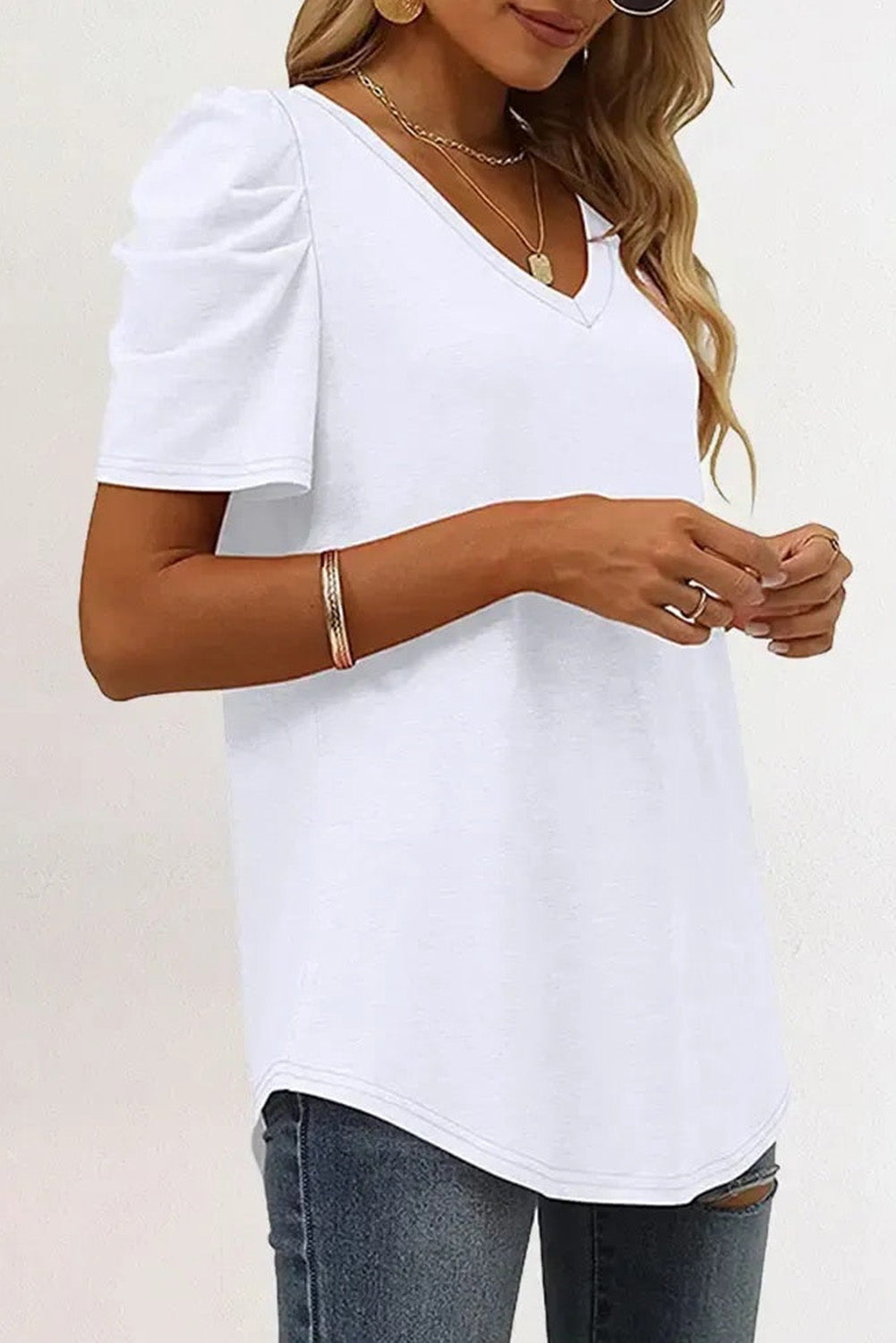 White Sequin Bow Patched Puff Sleeve T Shirt