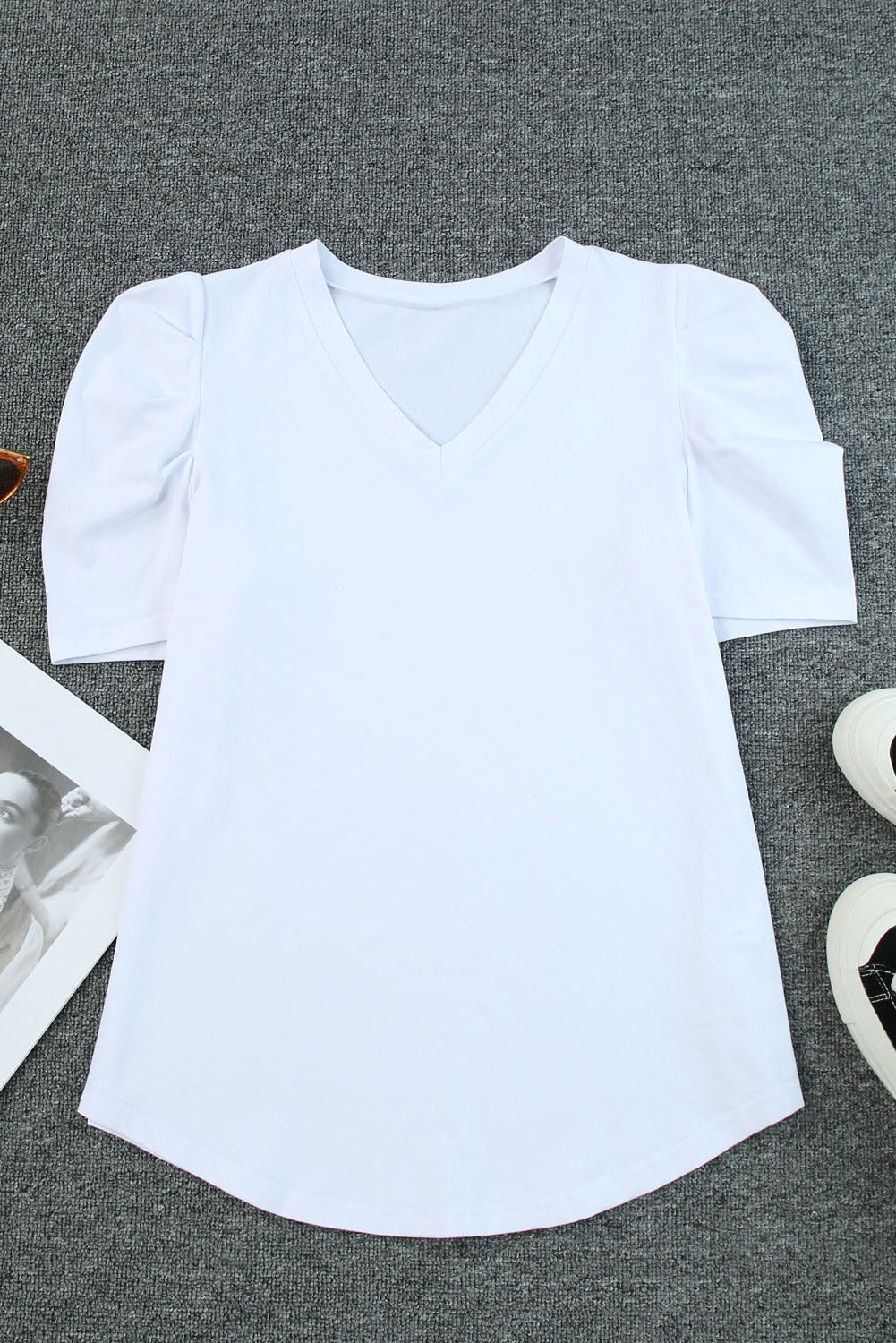 White Sequin Bow Patched Puff Sleeve T Shirt