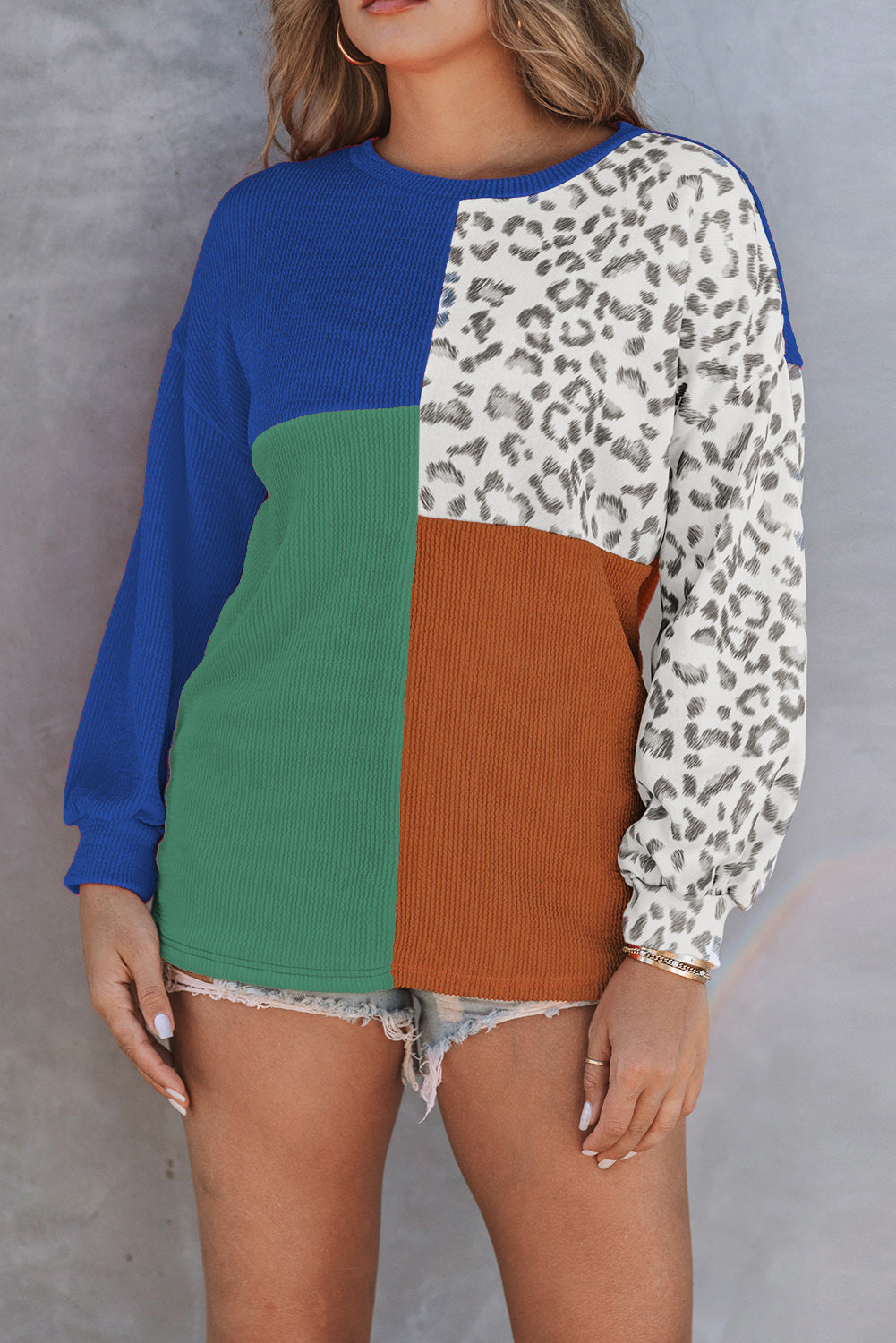 Khaki Leopard Patchwork Color Block Ribbed Long Sleeve Top