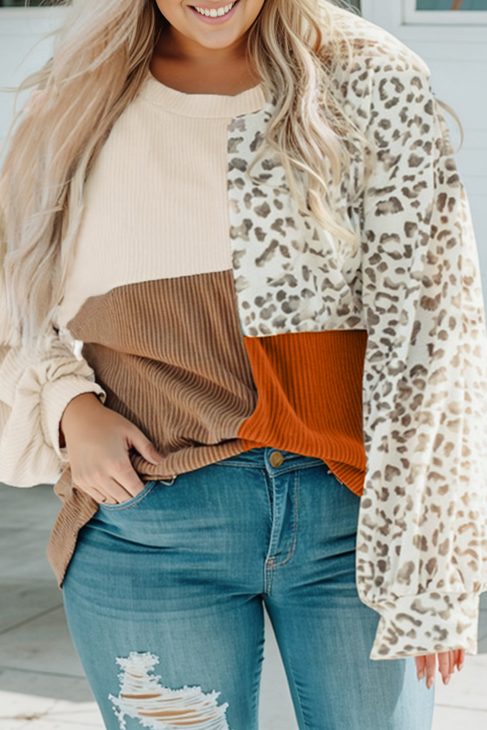 Khaki Leopard Patchwork Color Block Ribbed Long Sleeve Top