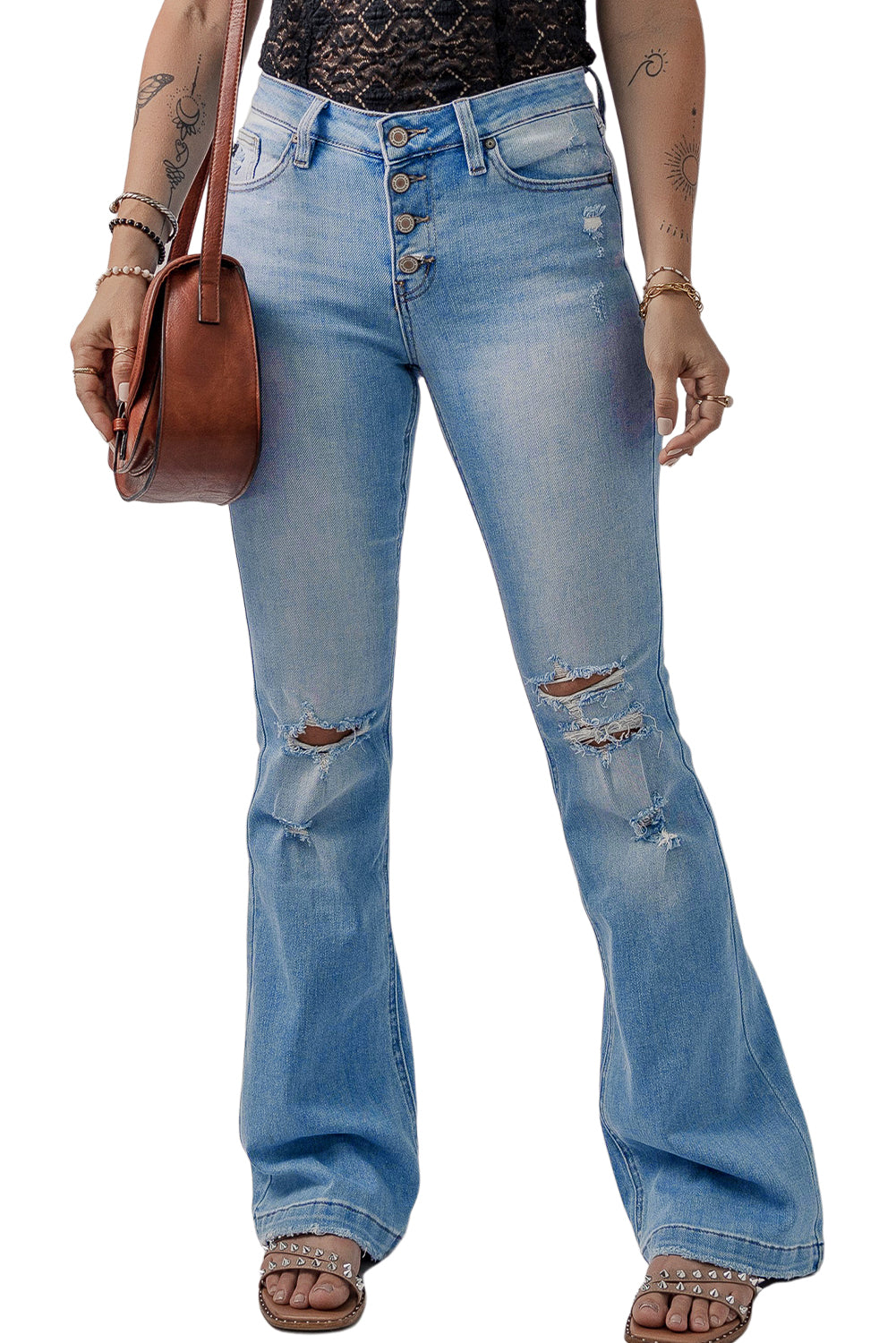 Beau Blue High Waist Button Front Ripped Flare Jeans